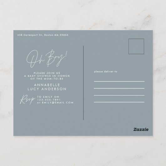 Oh Boy Baby shower Script Modern Blauw Elegant Briefkaart (Achterkant)