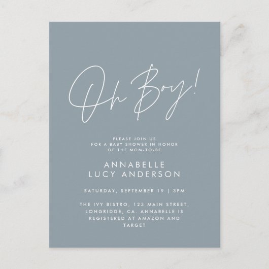 Oh Boy Baby shower Script Modern Blauw Elegant Briefkaart (Voorkant)