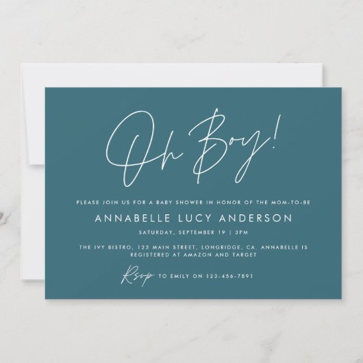 Oh Boy Baby shower Script Modern Blue Boho Kaart (Voorkant)