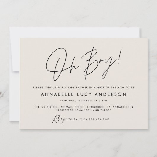 Oh Boy Baby shower Script Modern Cream Boho Kaart (Voorkant)