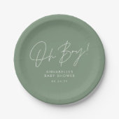 Oh Boy Baby shower Script Modern Elegant Papieren Bordje (Voorkant)