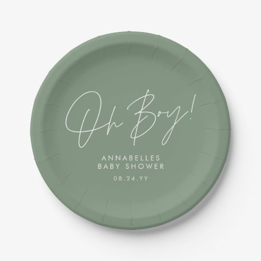 Oh Boy Baby shower Script Modern Elegant Papieren Bordje (Voorkant)