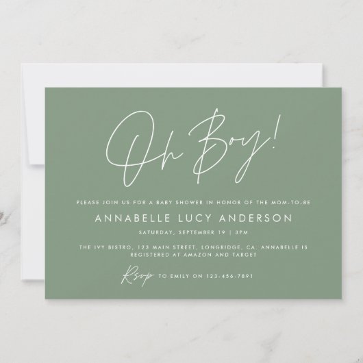 Oh Boy Baby shower Script Modern Green Boho Kaart (Voorkant)
