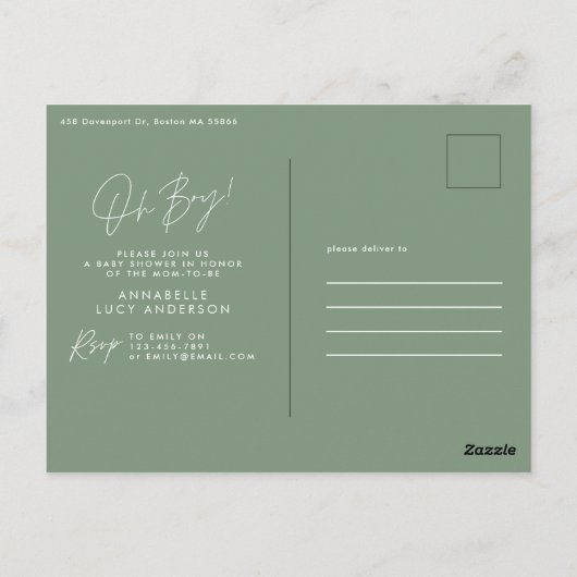 Oh Boy Baby shower Script Modern Groen Elegant Briefkaart (Achterkant)