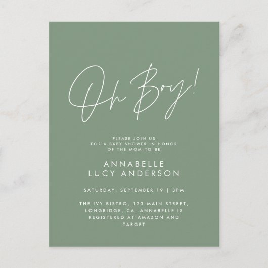 Oh Boy Baby shower Script Modern Groen Elegant Briefkaart (Voorkant)