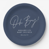 Oh Boy Baby shower Script Modern Navy Blue Papieren Bordje (Voorkant)