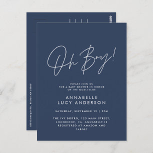 Oh Boy Baby shower Script Navy Blue Elegant Briefkaart