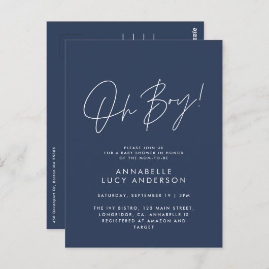 Oh Boy Baby shower Script Navy Blue Elegant Briefkaart (Voorkant / Achterkant)