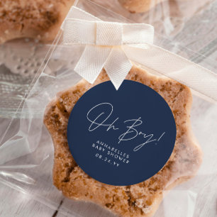 Oh Boy Baby shower Script Navy Blue Elegant Ronde Sticker