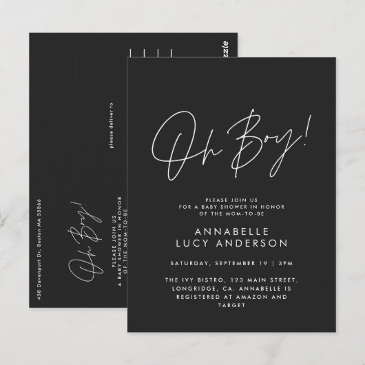 Oh Boy Baby shower Script Zwart Elegant Briefkaart (Voorkant / Achterkant)