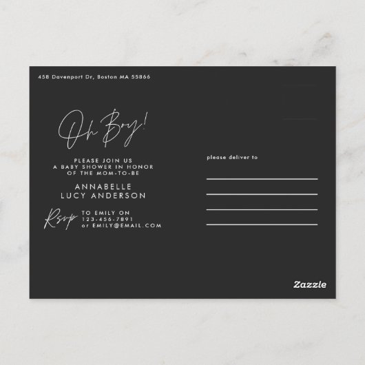 Oh Boy Baby shower Script Zwart Elegant Briefkaart (Achterkant)