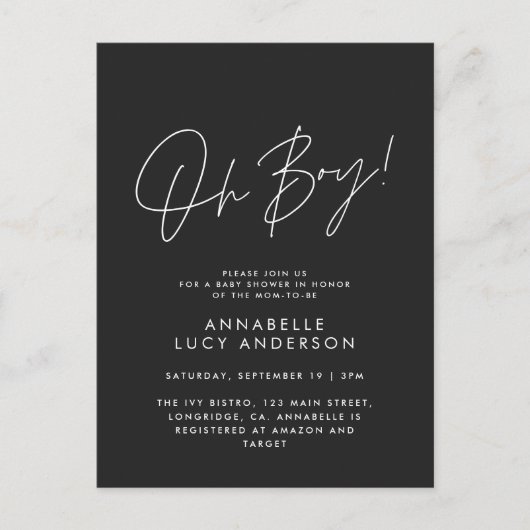 Oh Boy Baby shower Script Zwart Elegant Briefkaart (Voorkant)