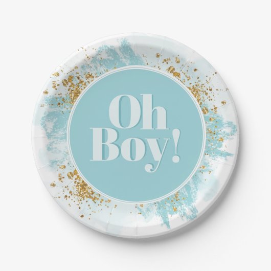 Oh Boy Baby shower Waterverf Glitter Papieren Bordje (Voorkant)