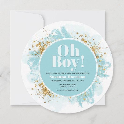 Oh Boy Baby Shower Waterverf Glitter Ronde Kaart (Voorkant)