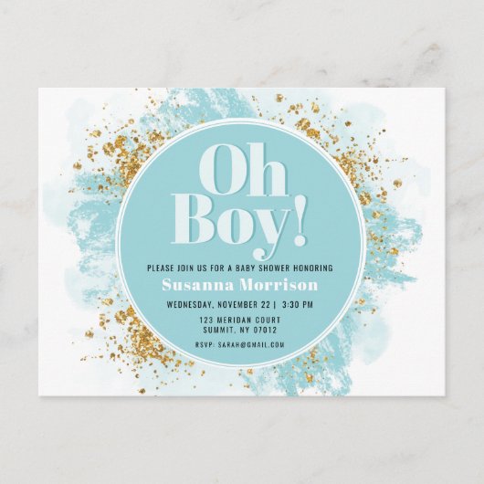 Oh Boy Baby shower Waterverf Glitter Uitnodiging (Voorkant)