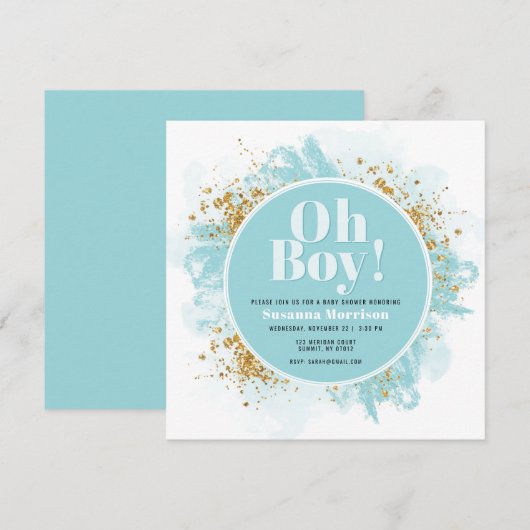 Oh Boy Baby shower Waterverf Glitter Uitnodiging (Voorkant / Achterkant)