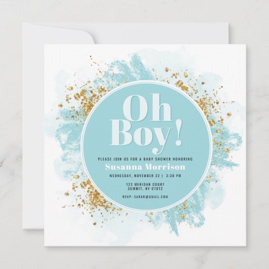 Oh Boy Baby shower Waterverf Glitter Uitnodiging (Voorkant)