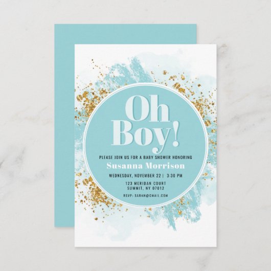 Oh Boy Baby shower Waterverf Glitter Uitnodiging (Voorkant / Achterkant)