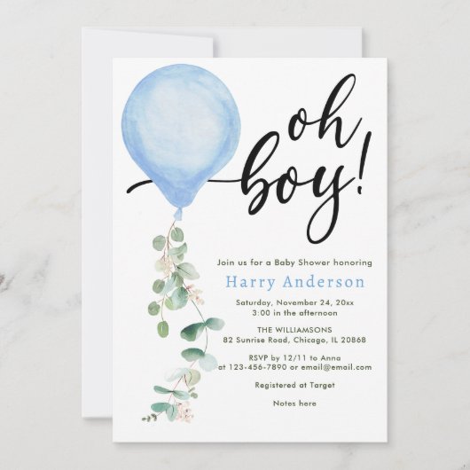 Oh Boy ballon groen eucalyptus baby shower Inv Kaart (Voorkant)