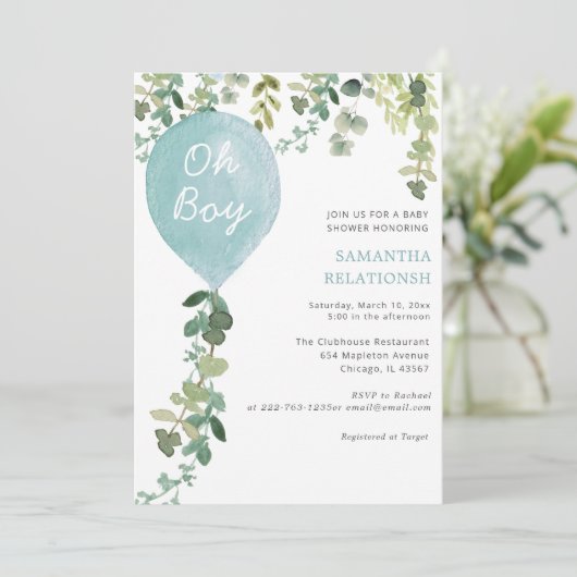 Oh Boy ballon waterverf groen boy baby shower Kaart (Staand voorkant)
