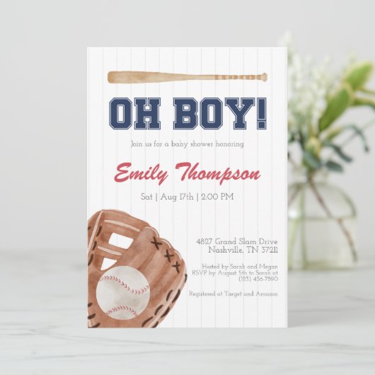 Oh Boy Baseball Baby shower Invitation Kaart (Staand voorkant)
