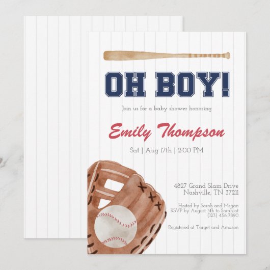 Oh Boy Baseball Baby shower Invitation Kaart (Voorkant / Achterkant)