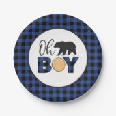 Oh Boy Beer blauw Buffalo Plaid Baby shower Papieren Bordje (Voorkant)