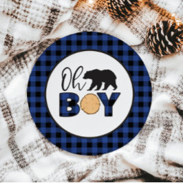 Oh Boy Beer blauw Buffalo Plaid Baby shower Papieren Bordje