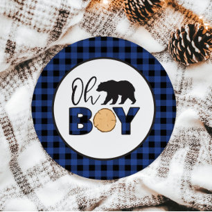 Oh Boy Beer blauw Buffalo Plaid Baby shower Papieren Bordje