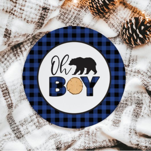 Oh Boy Beer blauw Buffalo Plaid Baby shower Papieren Bordje