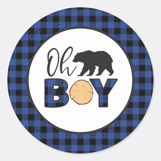 Oh Boy Beer blauw Buffalo Plaid Baby shower Ronde Sticker (Voorkant)