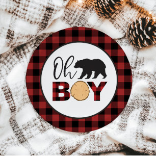 Oh Boy Beer Buffalo Plaid Baby shower Papieren Bordje