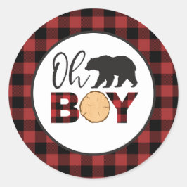 Oh Boy Beer Buffalo Plaid Baby shower Ronde Sticker