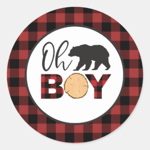 Oh Boy Beer Buffalo Plaid Baby shower Ronde Sticker