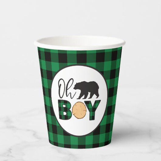 Oh Boy Beer groen Buffalo Plaid Baby shower Papieren Bekers (Voorkant)