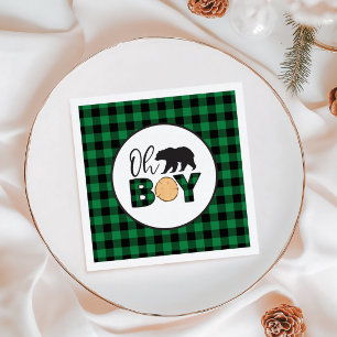 Oh Boy Beer groen Buffalo Plaid Baby shower Servet