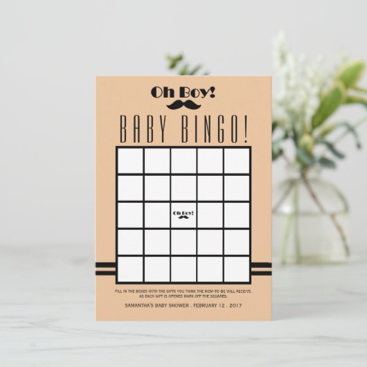 Oh Boy Black Mustache Baby shower Bingo Kaart (Staand voorkant)