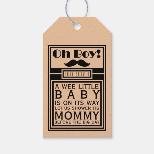 Oh Boy Black Mustache Baby shower Cadeaulabel (Voorkant)
