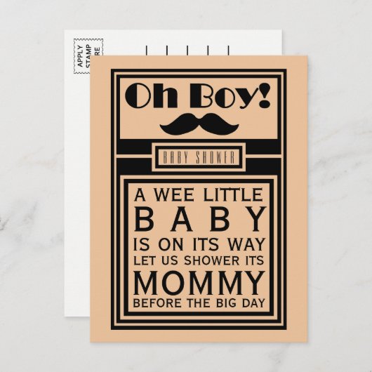 Oh Boy Black Mustache Baby shower Invitation Uitnodiging Briefkaart (Voorkant / Achterkant)