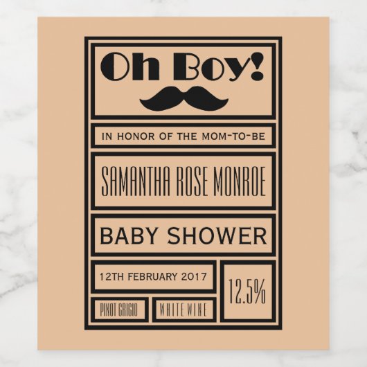 Oh Boy Black Mustache Baby shower Wijn Etiket (Enkel label)