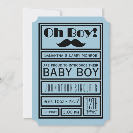 Oh Boy Black Mustache New Baby Boy Aankondiging (Voorkant)