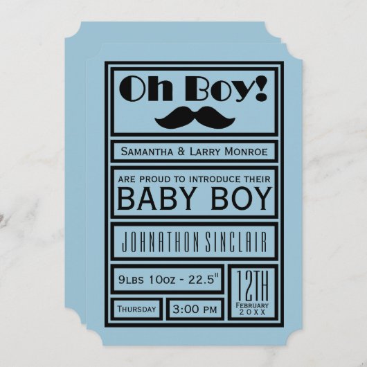Oh Boy Black Mustache New Baby Boy Aankondiging (Voorkant / Achterkant)