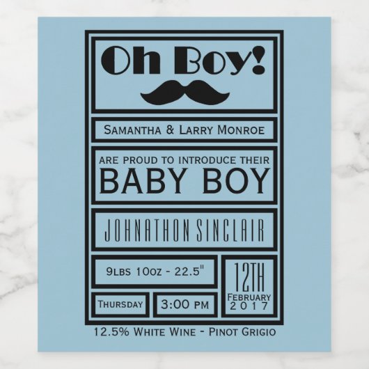 Oh Boy Black Mustache New Baby Boy Aankondiging Wijn Etiket (Enkel label)