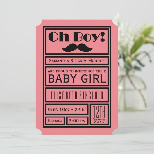 Oh Boy Black Mustache New Baby Girl aankondiging (Staand voorkant)