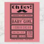 Oh Boy Black Mustache New Baby Girl aankondiging Wijn Etiket (Enkel label)