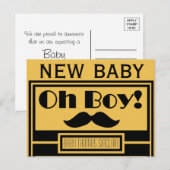 Oh Boy Black Mustache New Baby kondiging Aankondigingskaart (Voorkant / Achterkant)