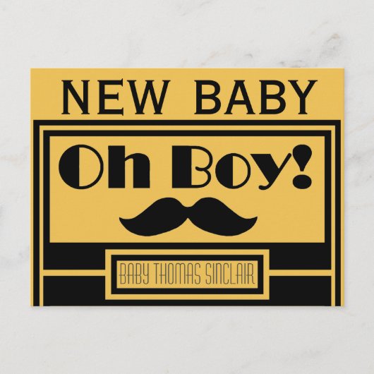 Oh Boy Black Mustache New Baby kondiging Aankondigingskaart (Voorkant)