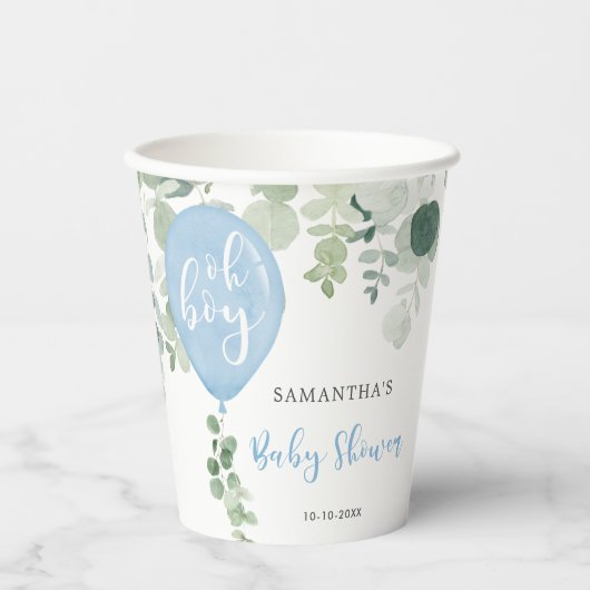 Oh boy blauw ballonjongen baby shower groen papieren bekers (Voorkant)