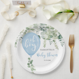 Oh boy blauw ballonjongen baby shower groen papieren bordje
