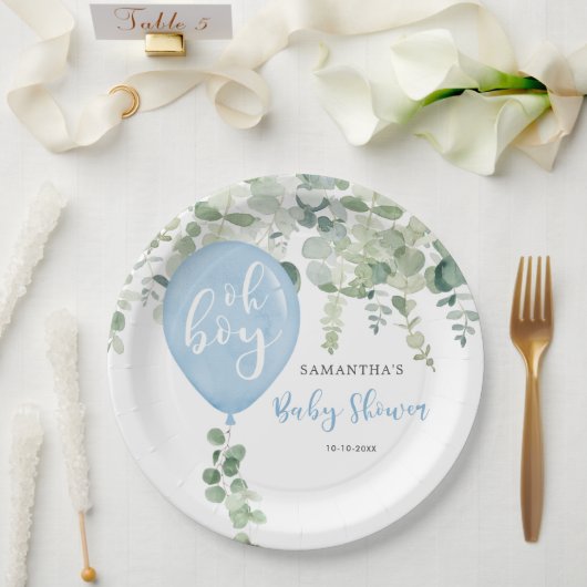 Oh boy blauw ballonjongen baby shower groen papieren bordje (Huwelijk)